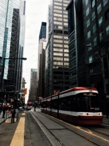 Urban transport solutions showing cars and trams